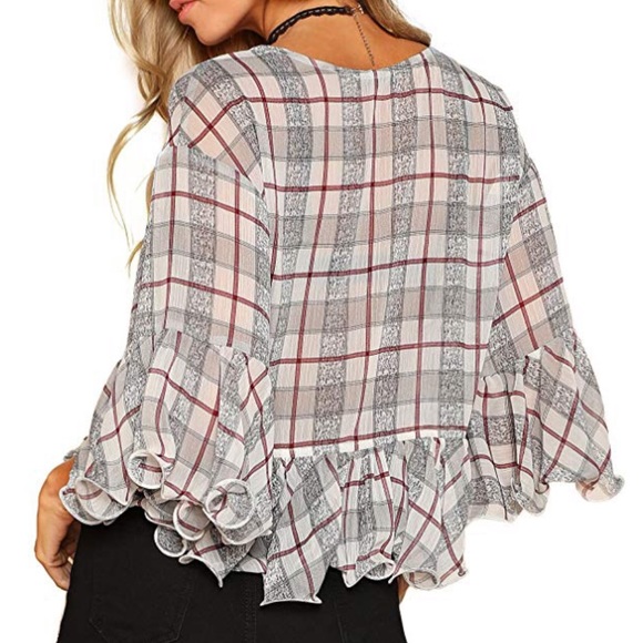 Ruffle Sleeve and Hem Plaid Crop Top - Picture 3 of 5